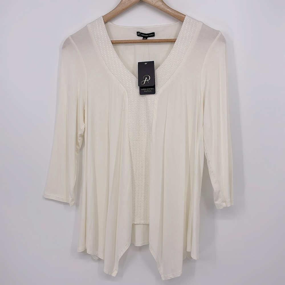 Adrianna Papell 3/4 Sleeve V-Neck Embellished Top Women’s Size Small White NWT!